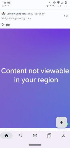 Screenshot of another Lemmy shit-post that says, "Content not viewable in your region"
