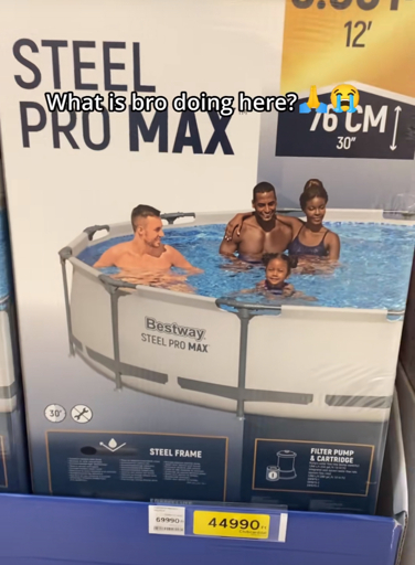 Photo of an above ground pool packed with a Black family and 1 seemingly random white guy with the caption “What is bro doing here?”
