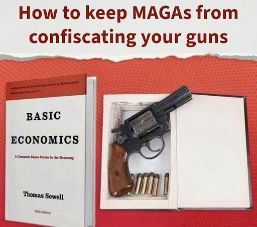 A book with title "Basic Economics" by Thomas Sowell, opening to reveal its actually a secret compartment for a revolver and six bullets
