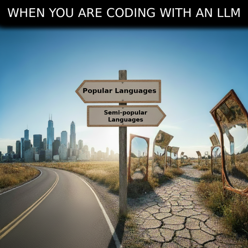 A fork in the road with a two-sign post in the middle. To the left is "popular languages" with a paved road and a modern skyscraper-laced city in the background, to the right is "Semi-popular languages" with a sun-baked clay road lined with distortion mirrors.