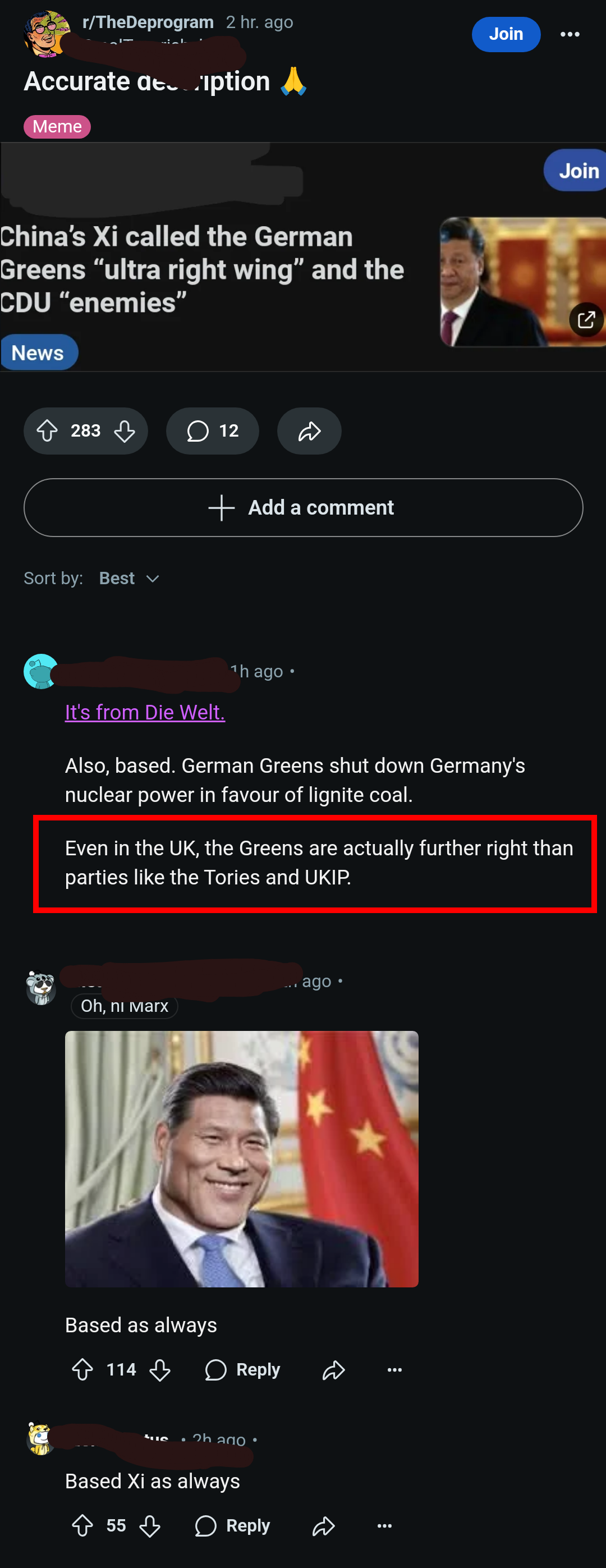 A post from the deProgram subreddit about Xi Jinping calling the German Greens "ultra right wing" and a red box highlighting a comment from a user saying " Even in the UK, the Greens are actualy further right than parties like the Tories and UKIP."