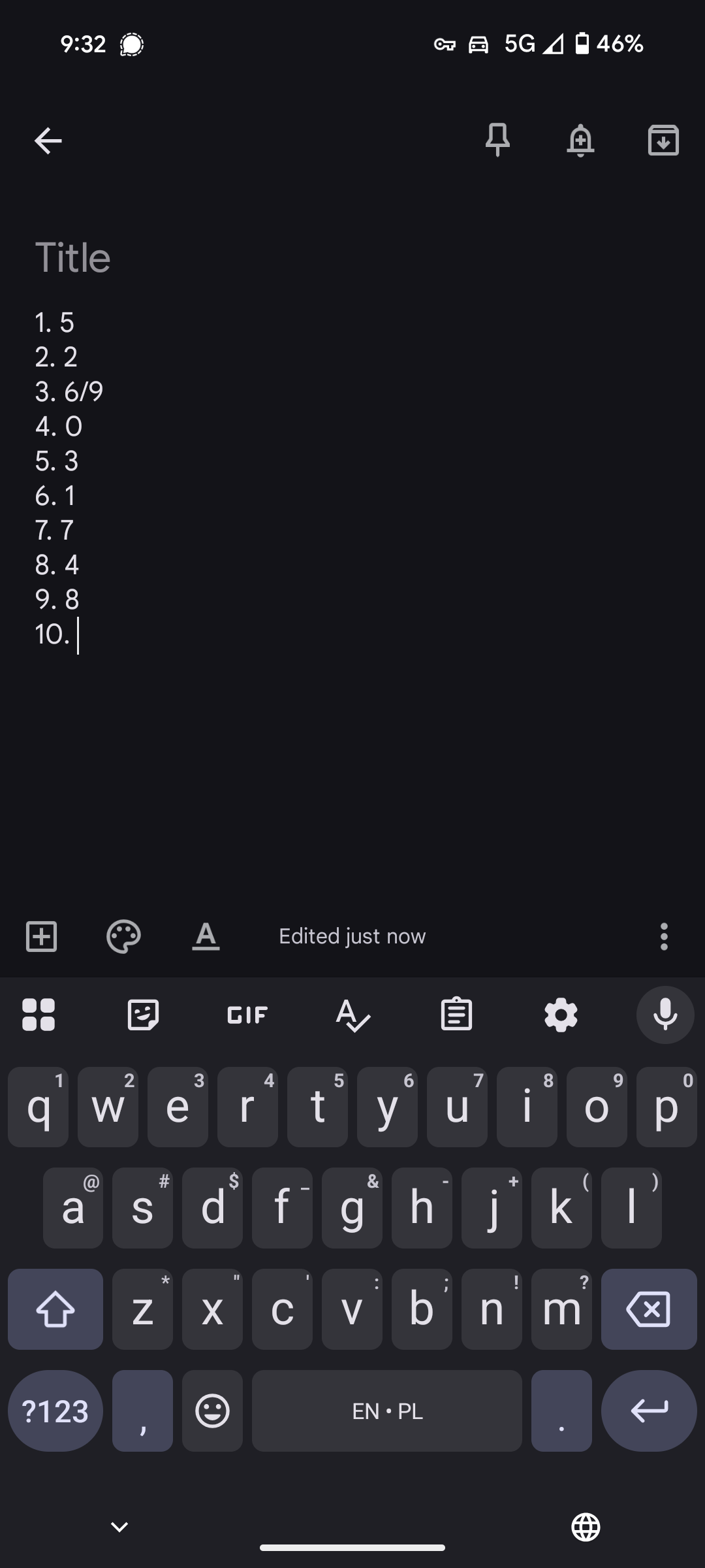Screenshot of a notes app with a list as follows:1. 5 2. 2 3. 6 4. 9 5. 0 6. 3 7. 1 8. 7 9. 4 10. 8