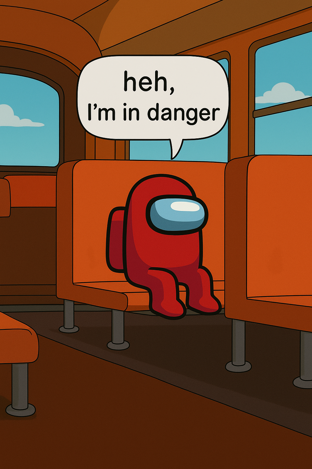 A red Among Us crewmate (or imposter?!) is in the place of Ralph Wiggum in the classic back-of-the-schoolbus meme, with a speech bubble overhead that reads: "heh, I'm in danger"