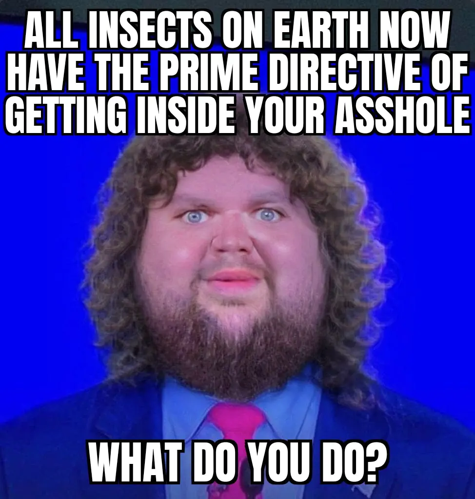 Meme of photoshopped surprised JD Vance face with top text saying "All insects on Earth now have the prime directive of getting inside your asshole" and bottom text saying "What do you do?"